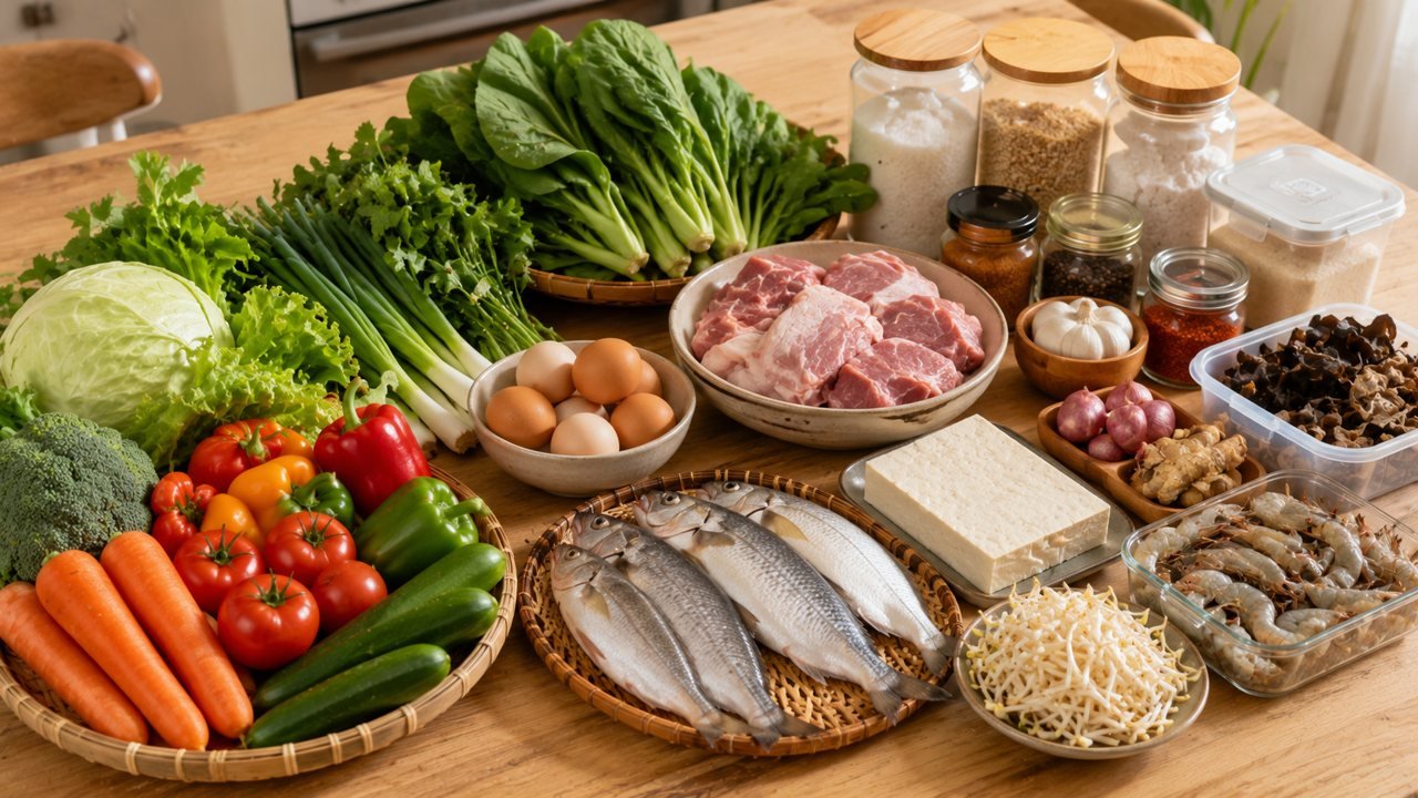 Nguyên liệu tươi chuẩn bị cho thực đơn cả tuần