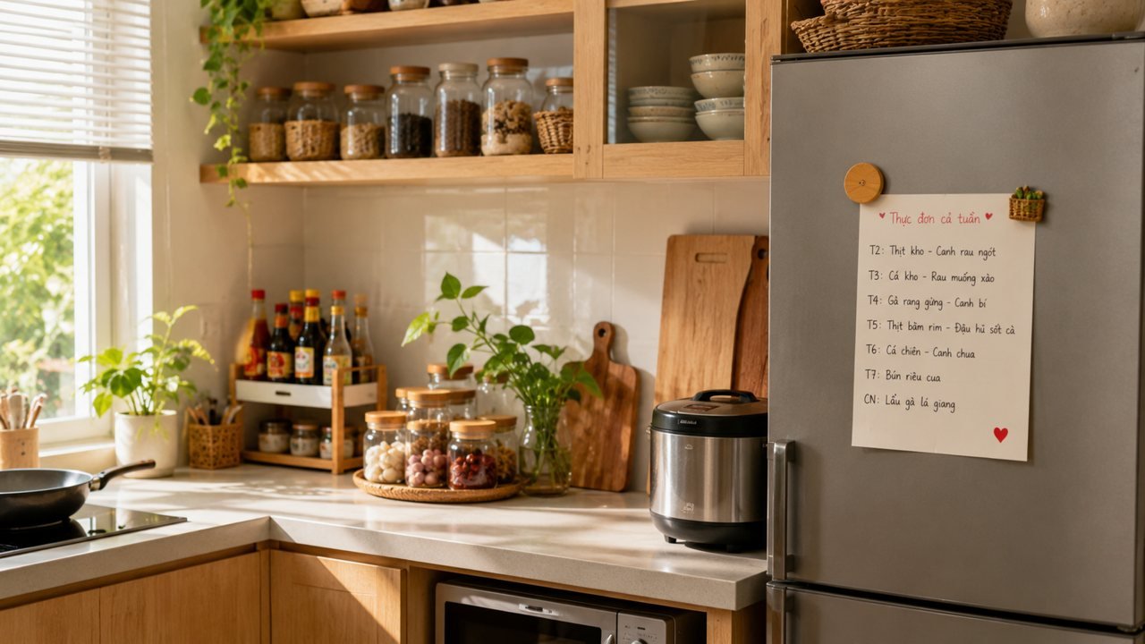 Góc bếp gọn gàng với thực đơn tuần dán trên tủ lạnh
