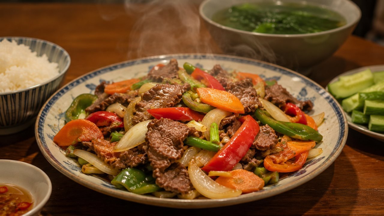 Đĩa thịt bò xào rau củ nhiều màu còn bốc khói