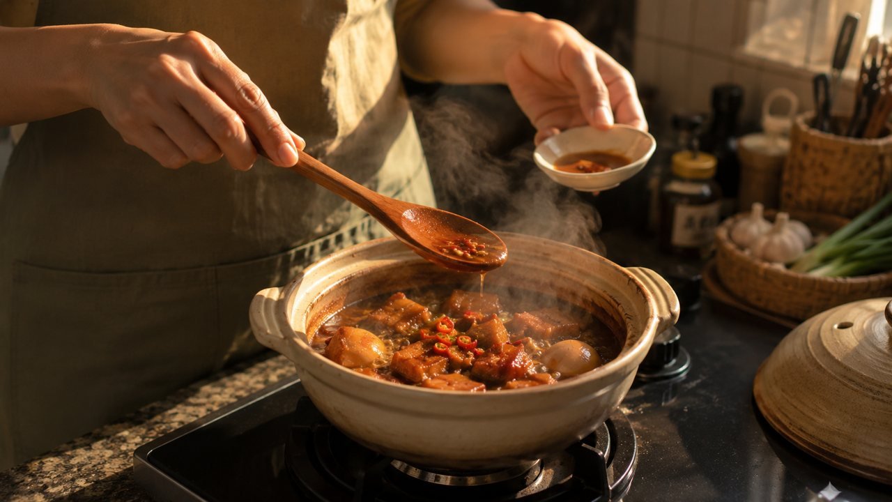 Nêm nếm nồi thịt kho trên bếp gia đình