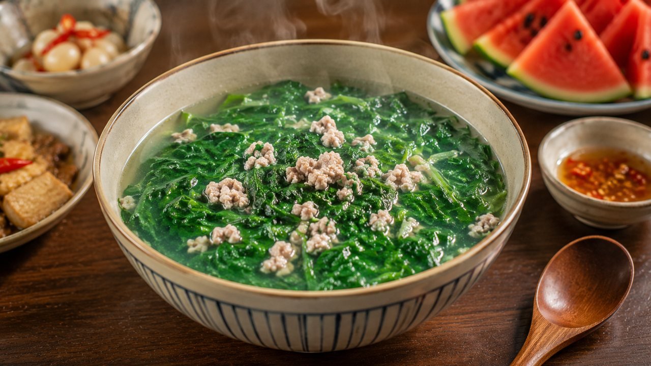 Tô canh rau ngót nấu thịt bằm xanh trong