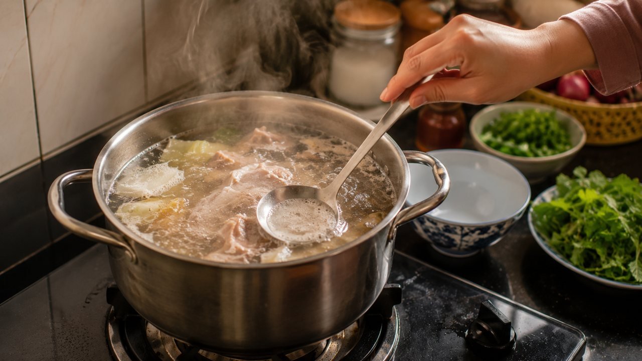 Hớt bọt nồi canh cho nước trong veo