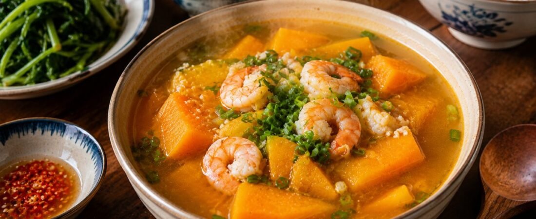 Canh bí đỏ nấu tôm ngọt bùi, bổ dưỡng cho cả nhà