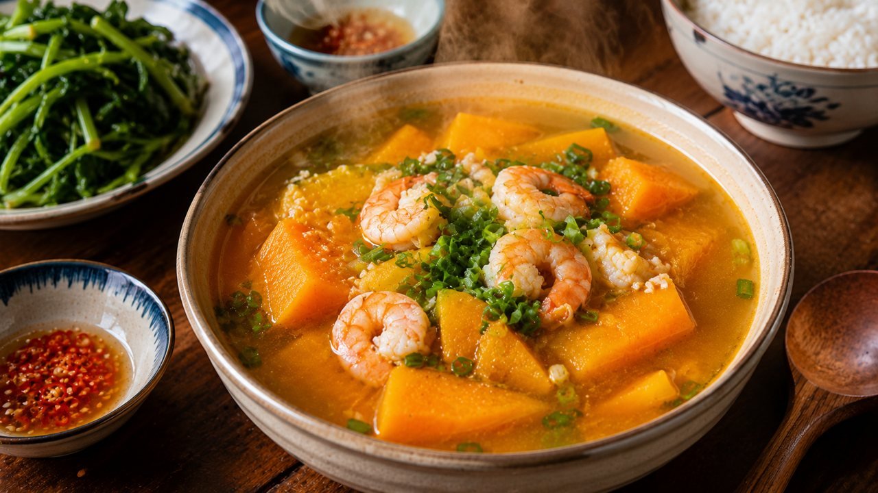 Canh bí đỏ nấu tôm ngọt bùi, bổ dưỡng cho cả nhà