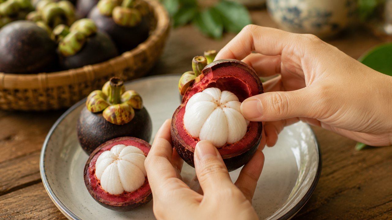 Bàn tay bóc măng cụt lộ múi trắng mọng, cách bổ măng cụt không dính mủ