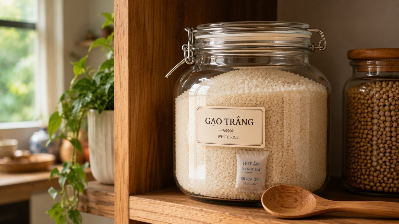 Hũ gạo thủy tinh kín có gói hút ẩm và muỗng gỗ minh họa cách bảo quản đồ khô chống mọt