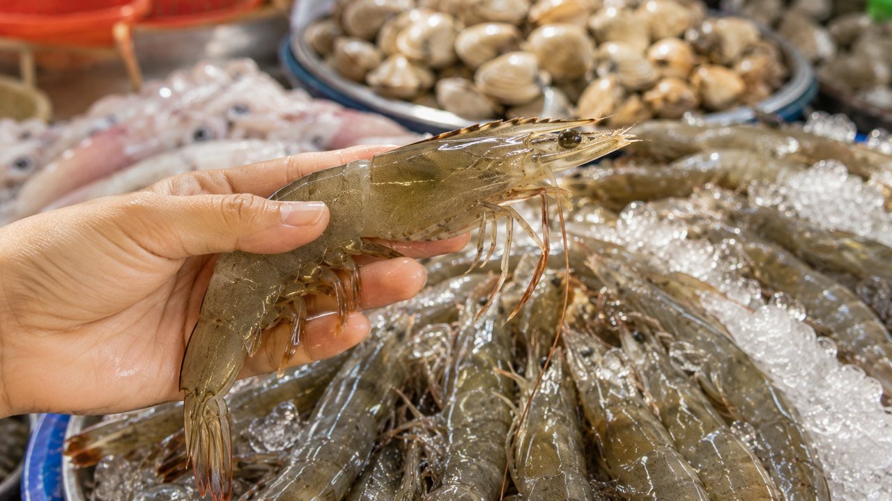 Bàn tay cầm con tôm tươi vỏ trong bóng, đầu dính chắc, minh họa cách chọn hải sản tươi
