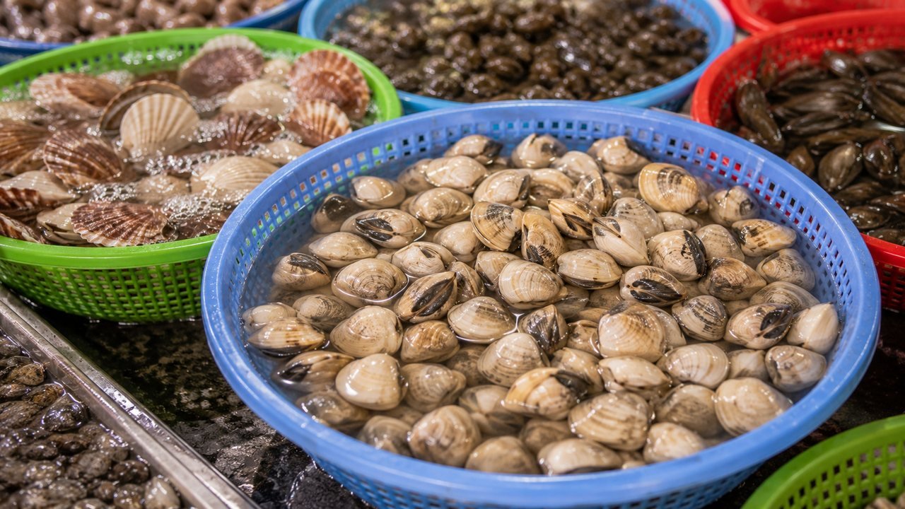 Rổ nghêu sò tươi còn ngậm nước biển tại quầy hải sản, minh họa cách chọn hải sản tươi