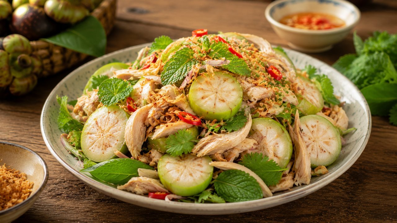Đĩa gỏi gà măng cụt đặc sản Bình Dương với măng cụt và gà xé, gỏi gà măng cụt Lái Thiêu