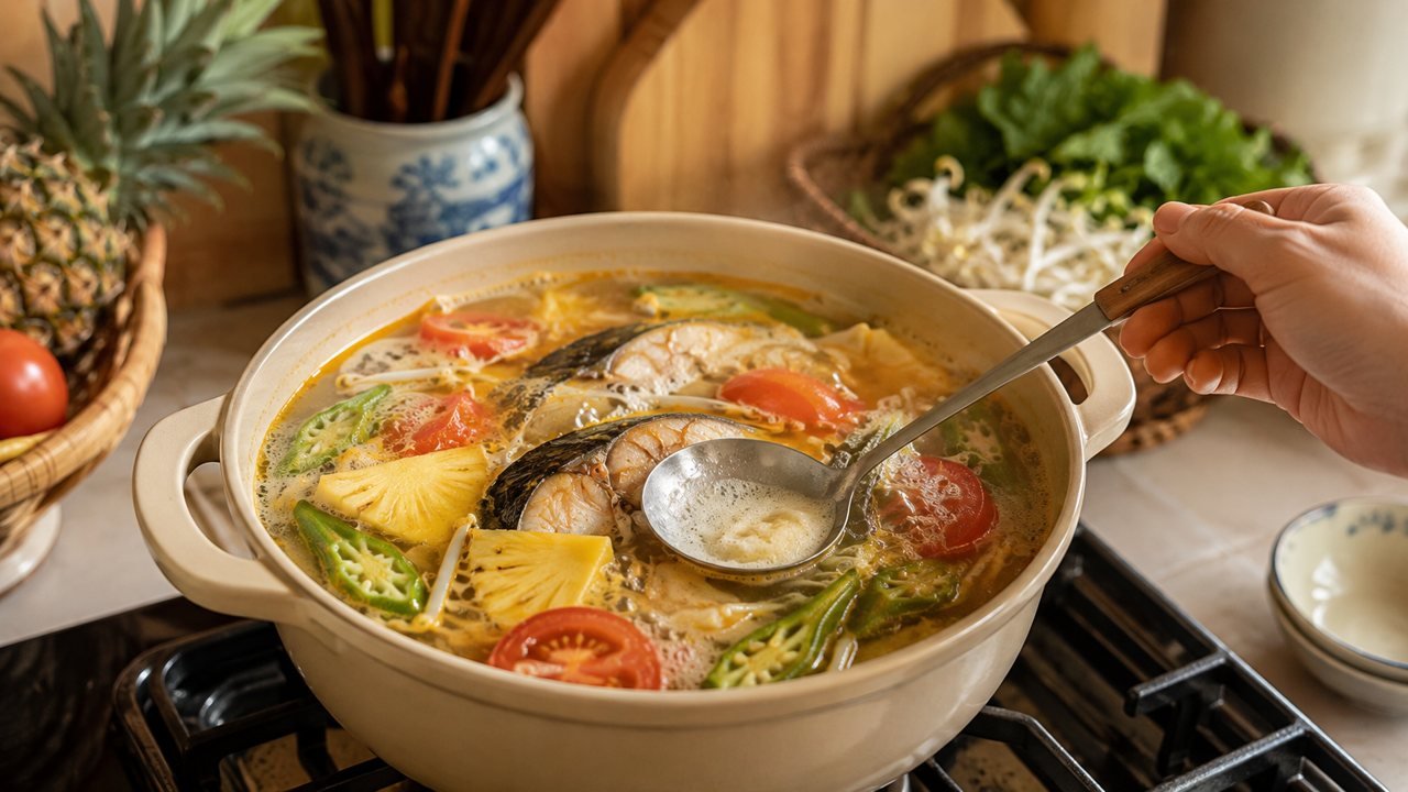Nồi canh chua cá lóc đang sôi với cà chua dứa đậu bắp, hớt bọt cho nước trong