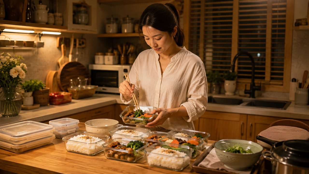Người mẹ chuẩn bị cơm trưa đóng hộp trong bếp buổi tối, chuẩn bị cơm văn phòng mang đi