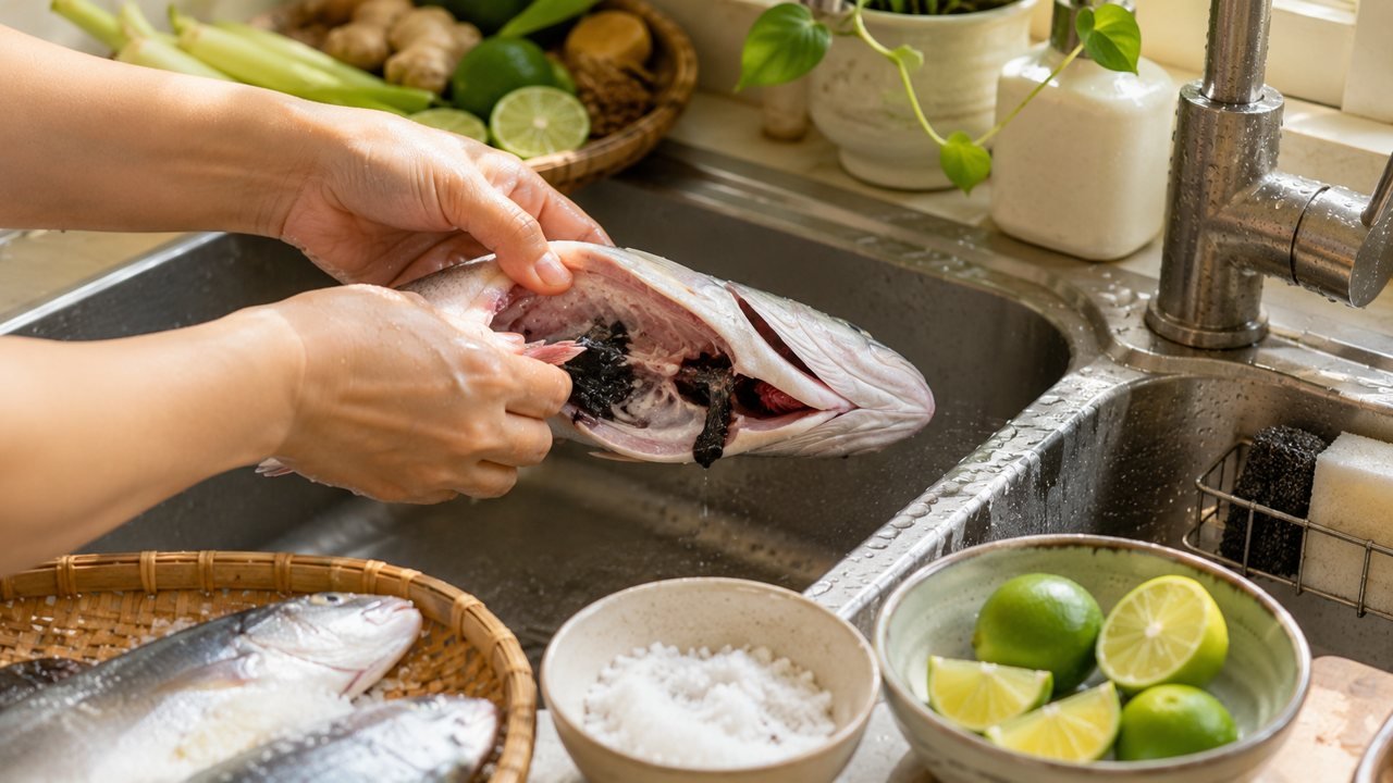Bàn tay sơ chế cá làm sạch mang và màng đen với muối chanh, khử mùi tanh cá